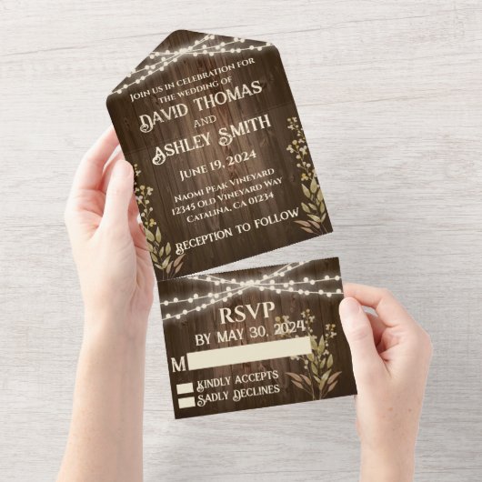 Rustisch hout in één bruiloft all in one uitnodiging (Afscheurbaar)