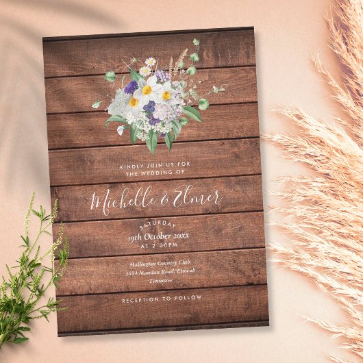 Rustisch hout Land Wildbloemen Floral Wedding Kaart