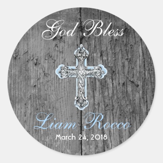 Rustisch hout met  Cross Baptisme Ronde Sticker (Voorkant)