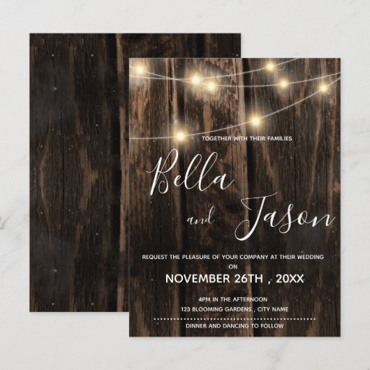 Rustisch hout met de uitnodiging van de het weduwe briefkaart (Voorkant / Achterkant)