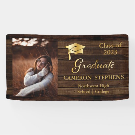 Rustisch hout met Gold Tone Afstuderen fotobanner Spandoek (Horizontaal)