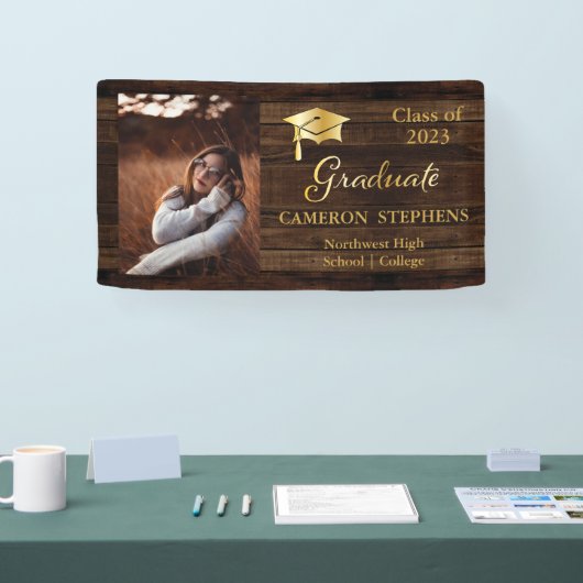Rustisch hout met Gold Tone Afstuderen fotobanner Spandoek (Beurs)