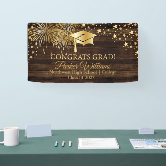 Rustisch hout met Gold Tone Congrats Afstudeerder  Spandoek (Beurs)