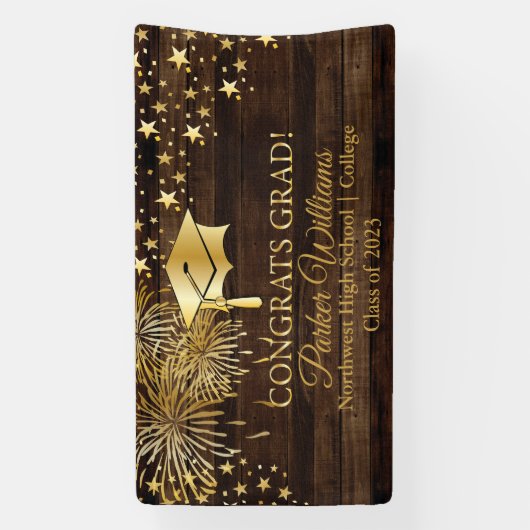 Rustisch hout met Gold Tone Congrats Afstudeerder  Spandoek (Verticaal)