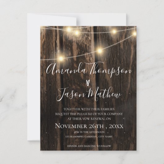 Rustisch hout met String Lights Vow Renewal Kaart (Voorkant)