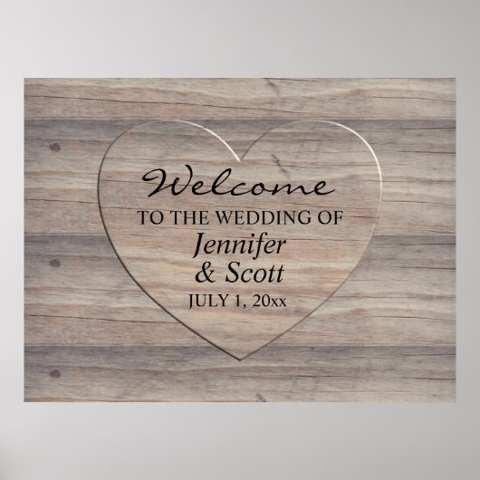 Rustisch hout met Wooden Heart Weddenschap Welkoms Poster (Voorkant)