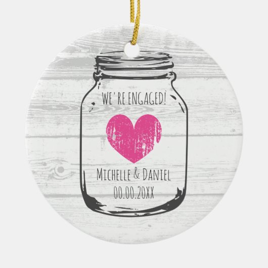 Rustisch hout  moerasjar verloving kerst keramisch ornament (Voorkant)