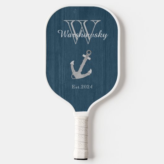 Rustisch hout Nautical Blue Anchor Monogram Pickleball Paddle (Achterkant)