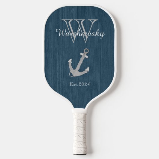 Rustisch hout Nautical Blue Anchor Monogram Pickleball Paddle (Voorkant)