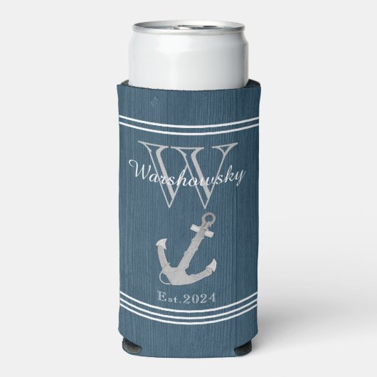 Rustisch hout Nautical Blue Anchor Monogram Seltzer Blikjeskoeler (Seltzer Voorkant)