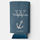 Rustisch hout Nautical Blue Anchor Monogram Seltzer Blikjeskoeler (Achterkant)