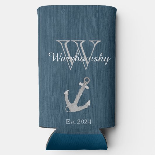 Rustisch hout Nautical Blue Anchor Monogram Seltzer Blikjeskoeler (Achterkant)
