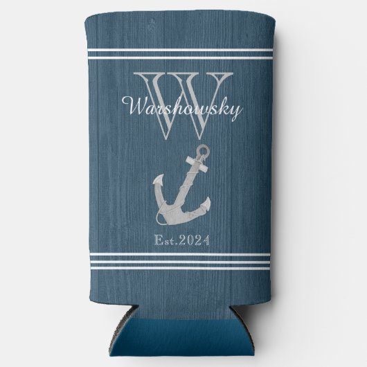 Rustisch hout Nautical Blue Anchor Monogram Seltzer Blikjeskoeler (Voorkant)