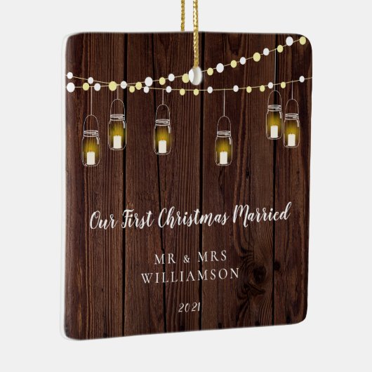 Rustisch hout ons eerste kersthuwelijk keramisch ornament (Rechts)