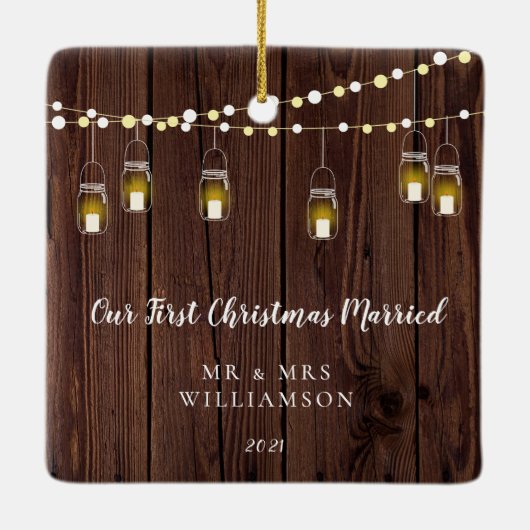 Rustisch hout ons eerste kersthuwelijk keramisch ornament (Achterkant)