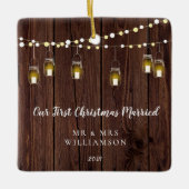 Rustisch hout ons eerste kersthuwelijk keramisch ornament (Voorkant)