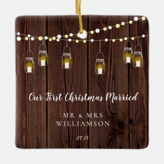 Rustisch hout ons eerste kersthuwelijk keramisch ornament (Voorkant)