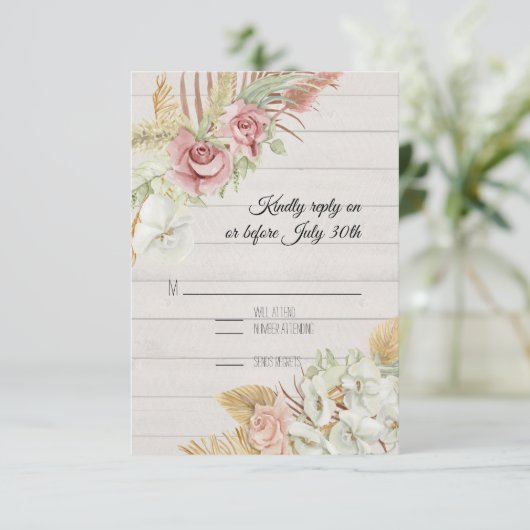 Rustisch hout Pampas Palm Roos Wreator Foliage RSV RSVP Kaartje (Staand voorkant)