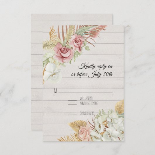 Rustisch hout Pampas Palm Roos Wreator Foliage RSV RSVP Kaartje (Voorkant / Achterkant)