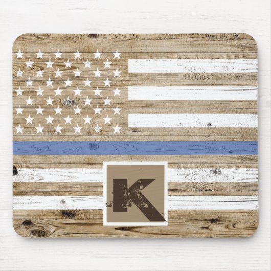 Rustisch hout Thin Blue Line USA Vlag Monogram Muismat (Voorkant)
