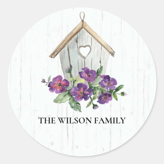 RUSTISCH HOUT VIOLET FLORAL BIRD HUIS RONDE STICKER (Voorkant)