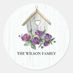 RUSTISCH HOUT VIOLET FLORAL BIRD HUIS RONDE STICKER