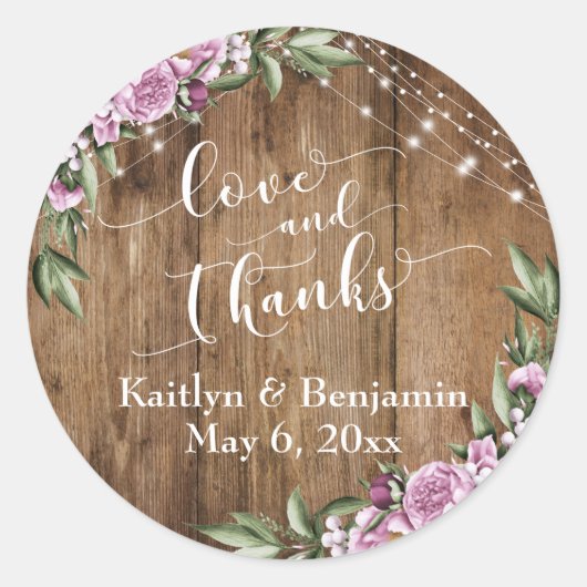 Rustisch hout, wit licht, bloemen liefde en Bedank Ronde Sticker (Voorkant)