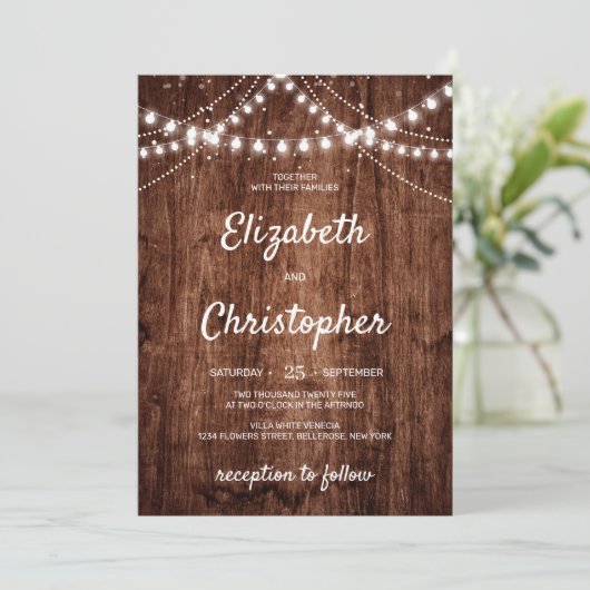 Rustisch houten boho String Lights bruiloft Kaart (Staand voorkant)