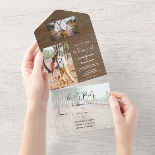 Rustisch houtsfotoland Wedding All In One Uitnodiging (Afscheurbaar)