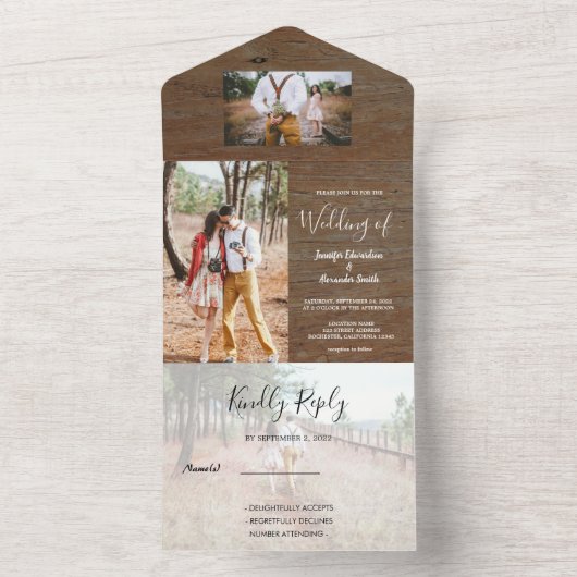 Rustisch houtsfotoland Wedding All In One Uitnodiging (Binnen)