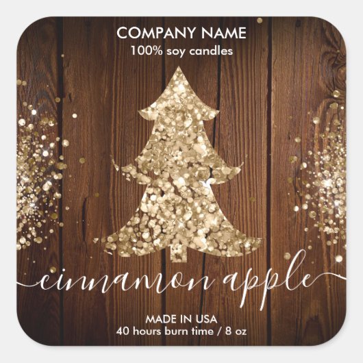 Rustisch kerstboomkaarsenlabel met glitter vierkante sticker (Voorkant)