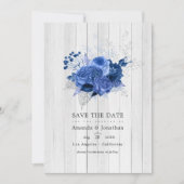 Rustisch koninklijk blauwe en zilveren bloemige tr save the date (Voorkant)