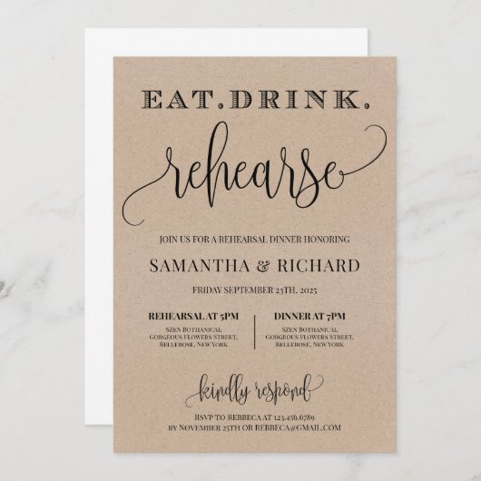 Rustisch kraftpapier eet drink repetitie kaart (Voorkant / Achterkant)