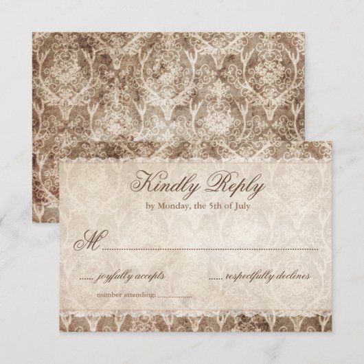Rustisch land Antler + RSVP-Kaarten met Lace Weddi RSVP Kaartje (Voorkant / Achterkant)