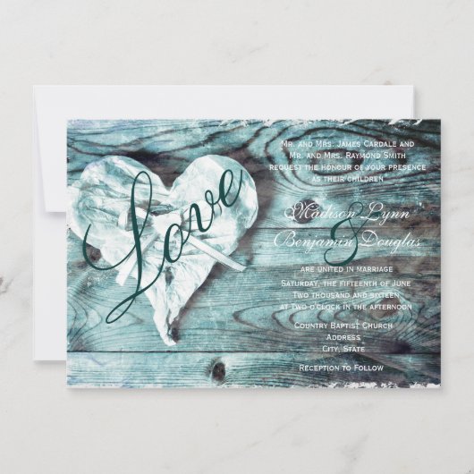 Rustisch land Aqua Wood Love Heart Wedding Invite Kaart (Voorkant)