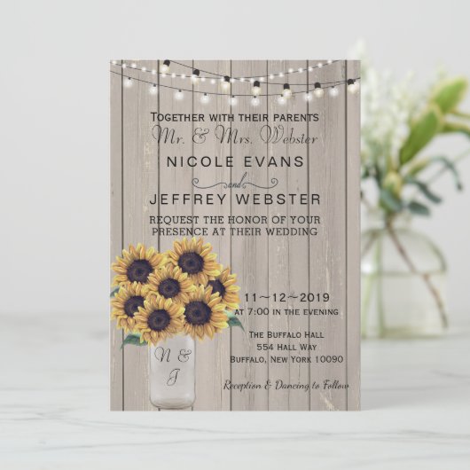 Rustisch land Barn Wedding Sunflower Mason Jar Kaart (Staand voorkant)
