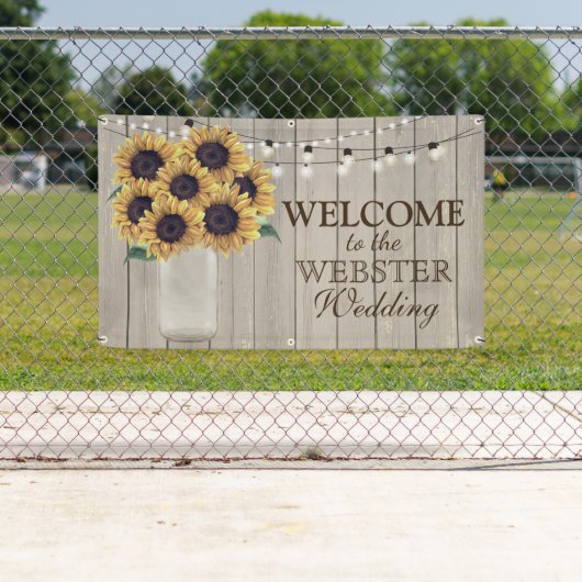 Rustisch land Barn Wedding Sunflower Mason Jar Spandoek (Insitu)