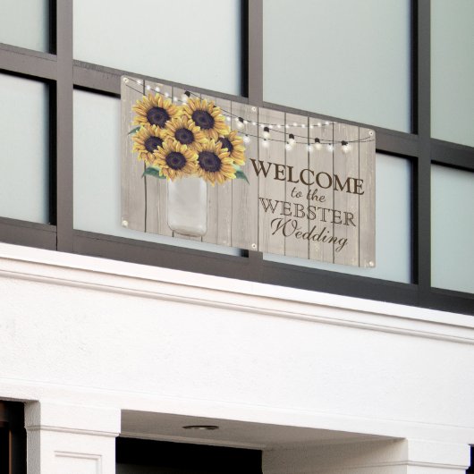 Rustisch land Barn Wedding Sunflower Mason Jar Spandoek (Buitenkant Gebouw)