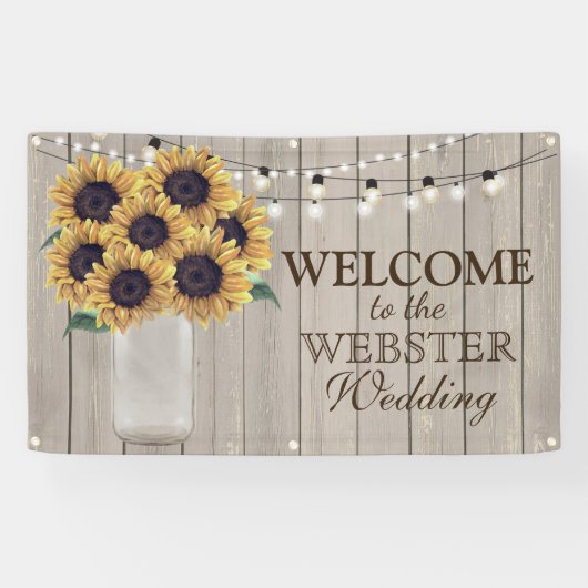 Rustisch land Barn Wedding Sunflower Mason Jar Spandoek (Horizontaal)
