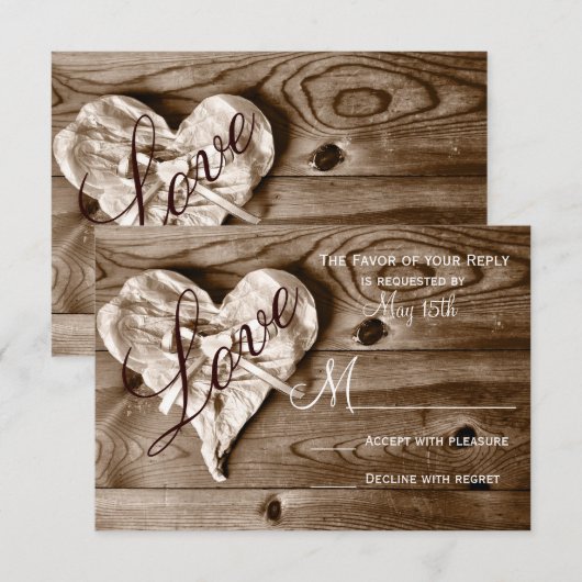 Rustisch land Barn Wood Love Heart Wedding RSVP (Voorkant / Achterkant)