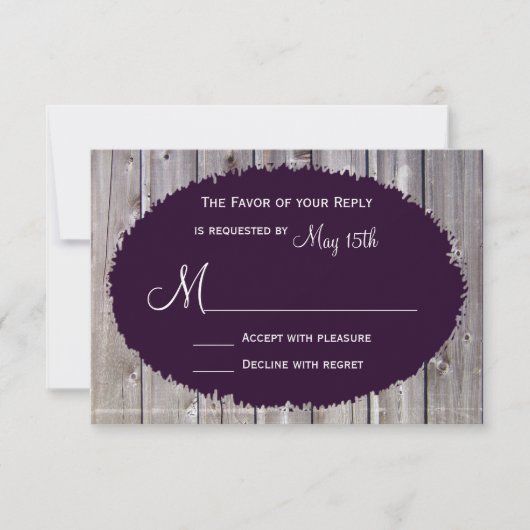 Rustisch land Barn Wood Paars Wedding RSVP (Voorkant)