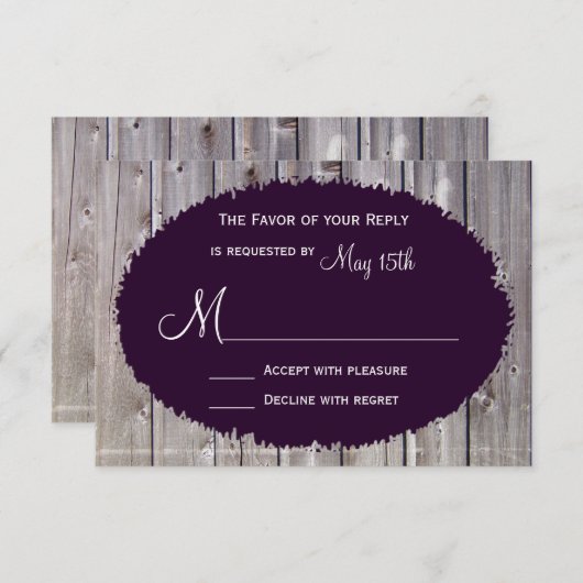 Rustisch land Barn Wood Paars Wedding RSVP (Voorkant / Achterkant)