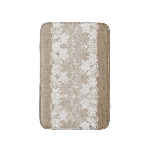 Rustisch land: beige burlap en witte kant badmat (Voorkant Verticaal)