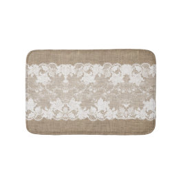 Rustisch land:  beige burlap en witte kant badmat