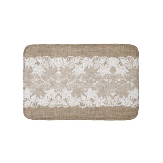 Rustisch land:  beige burlap en witte kant badmat (Voorkant)