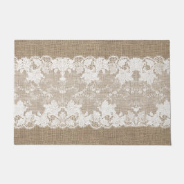 Rustisch land:  beige burlap en witte kant deurmat