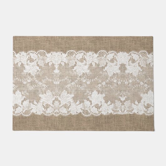 Rustisch land:  beige burlap en witte kant deurmat (Voorkant)