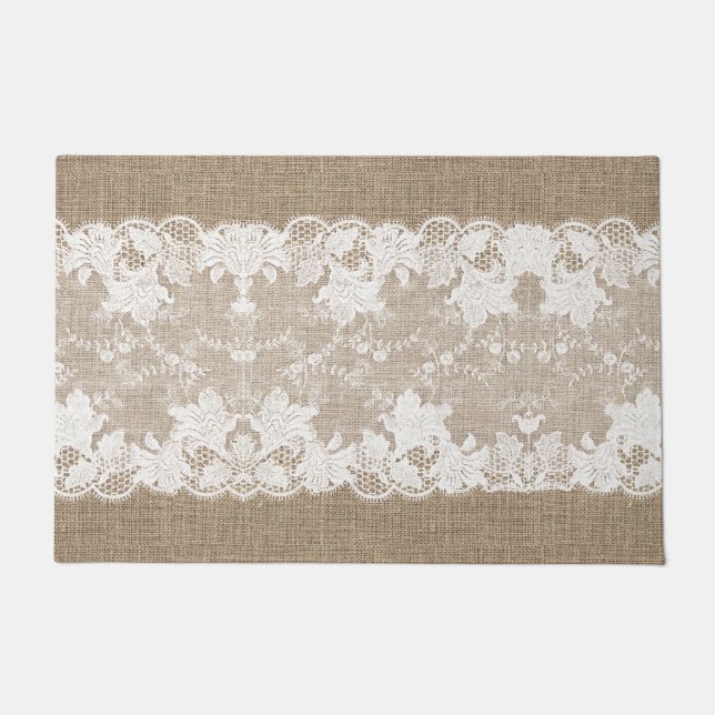 Rustisch land:  beige burlap en witte kant deurmat (Voorkant)