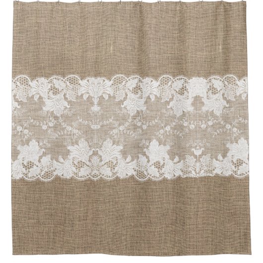 Rustisch land:  beige burlap en witte kant douchegordijn (Voorkant)