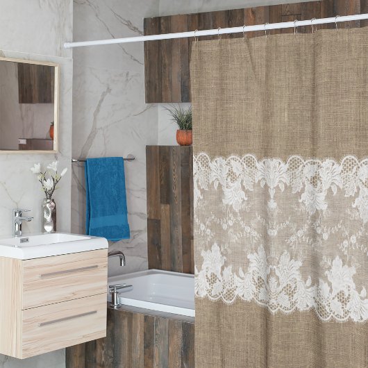 Rustisch land: beige burlap en witte kant douchegordijn